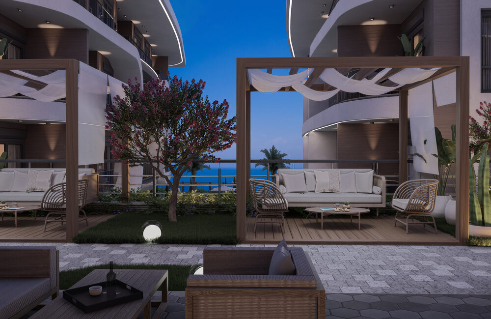 Trendy Cleopatra – courtyard pergolas at dusk with sea view