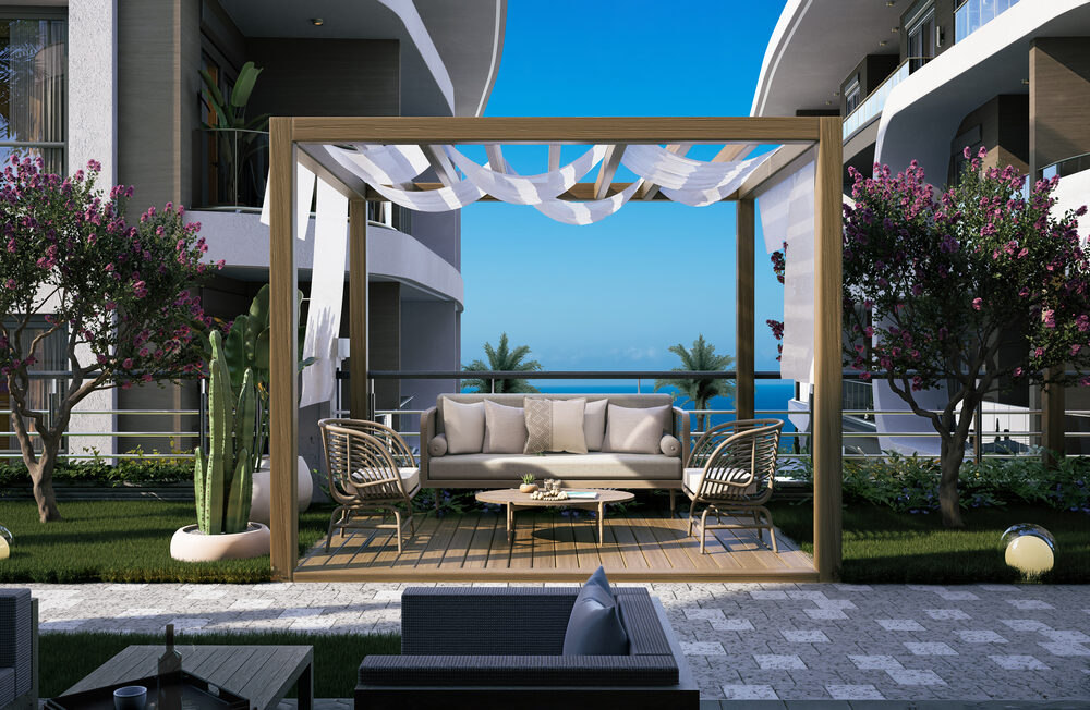 Trendy Cleopatra courtyard with sea view in Alanya