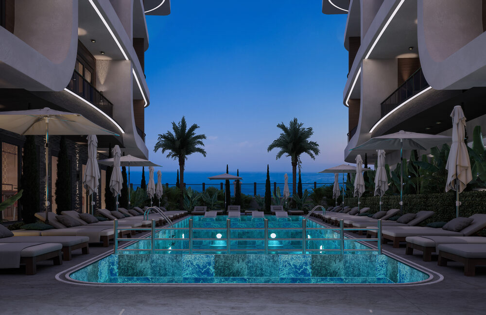 Trendy Cleopatra – pool corridor to the sea at dusk
